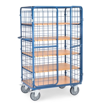 Fetra Etagenwagen mit 3 Böden, 3 Drahtgitterwänden, Dach und Flügeltüren, 600 kg Tragkraft, 1200 x 800 mm, Höhe 1800 mm